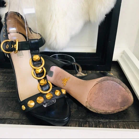 PRADA Leather Detailed T Strap Gold Stud Hardware accents buckle - Picture 3 of 7